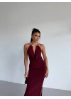 Kadın Boyun Aksesuarlı Halter Yaka Maxi Boy Sandy Kumaş Elbise