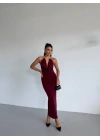 Kadın Boyun Aksesuarlı Halter Yaka Maxi Boy Sandy Kumaş Elbise