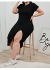 Kadın Büyük Beden Kısa Kollu Yanı Yırtmaçlı Bisiklet Yaka Viskon Elbise