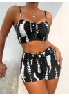 Kadın Büzgü Detay Askılı Crop Mini Tayt Ikili Takım