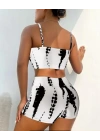 Kadın Büzgü Detay Askılı Crop Mini Tayt Ikili Takım