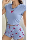 Kadın Çilek Desenli Bebe Mavi Seksi Gecelik Takım 5005