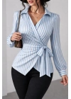 Kadın çizgili Kruvaze Bağlamalı Gömlek