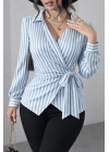 Kadın çizgili Kruvaze Bağlamalı Gömlek