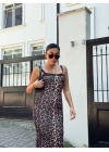 Kadın Dalgıç Kumaş Dijital Leopar Baskılı Midi Boy Elbise