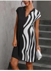 Kadın Dalgıç Kumaş Kısa Kollu V Yaka Tek Taraf Zebra Desen Elbise
