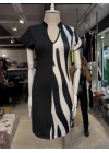 Kadın Dalgıç Kumaş Kısa Kollu V Yaka Tek Taraf Zebra Desen Elbise