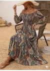 Kadın Düşük Omuzlu Beli Büzgülü Dijital Desenli Kesik Elyaf Süprem Uzun Elbise