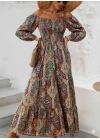Kadın Düşük Omuzlu Beli Büzgülü Dijital Desenli Kesik Elyaf Süprem Uzun Elbise