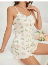 Kadın Ekru Çiçek Baskılı Şortlu Gecelik Pijama Takımı 5047