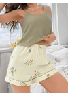 Kadın Ekru Çiçek Baskılı Şortlu Gecelik Pijama Takımı 5099