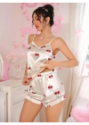 Kadın Ekru Kiraz Desenli Saten Şort Pijama Takımı 2226