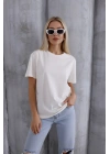 Kadın Ekru Yumuşak Dokulu Pamuklu Oversize Kalıp Bisiklet Yaka Basic T-Shirt