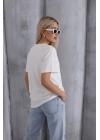 Kadın Ekru Yumuşak Dokulu Pamuklu Oversize Kalıp Bisiklet Yaka Basic T-Shirt