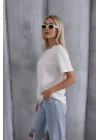 Kadın Ekru Yumuşak Dokulu Pamuklu Oversize Kalıp Bisiklet Yaka Basic T-Shirt