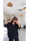 Kadın Flamlı Keten Tek Cep Oversızed Gömlek