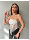 Kadın Göğüs Ve Sırt Dekolteli Transparan Dantel Detay Bluz