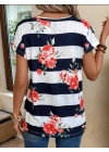 Kadın Gül Desenli çizgili Süprem Tshirt