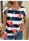 Kadın Gül Desenli çizgili Süprem Tshirt