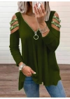 Kadın Haki Kolları Taş Işlemeli Uzun Kol Fermuarlı Viskon Bluz