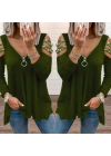 Kadın Haki Kolları Taş Işlemeli Uzun Kol Fermuarlı Viskon Bluz