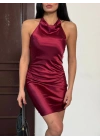 Kadın Halter Yaka Sırt Dekolteli Mini Saten Elbise