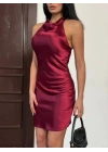 Kadın Halter Yaka Sırt Dekolteli Mini Saten Elbise