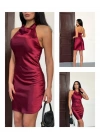 Kadın Halter Yaka Sırt Dekolteli Mini Saten Elbise