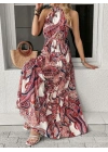 Kadın Halter Yakalı Omuzlardan Açık Kuşaklı Maksi Boy Desenli Süprem Elbise