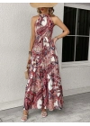 Kadın Halter Yakalı Omuzlardan Açık Kuşaklı Maksi Boy Desenli Süprem Elbise