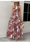 Kadın Halter Yakalı Omuzlardan Açık Kuşaklı Maksi Boy Desenli Süprem Elbise