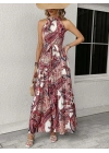 Kadın Halter Yakalı Omuzlardan Açık Kuşaklı Maksi Boy Desenli Süprem Elbise