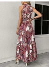 Kadın Halter Yakalı Omuzlardan Açık Kuşaklı Maksi Boy Desenli Süprem Elbise