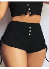 Kadın Ip Askılı Crop Bluz Ve Yanlardan Büzgülü Ikili Kaşkorse Short Takım