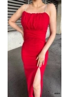 Kadın Ip Askılı Gipe Detay Maxi Boy Yırmaçlı Elbise
