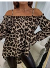 Kadın Ip Askılı Omuzlardan Açık Leopar Desenli Asimetrik Kesim Süprem Bluz