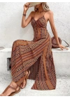 Kadın Ip Askılı Sırttan çapraz Detaylı Yırtmaçlı Desenli Süprem Elbise