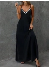 Kadın Ip Askılı V şerit Yakalı Uzun Viskon Elbise