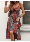 Kadın Ip Askılı V Yakalı Bağcıklı Beli Lastikli Desenli Süprem Elbise
