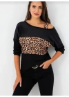 Kadın Kadife Kumaş Leopar Desenli Omuz Detay Uzun Kollu Bluz