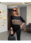 Kadın Kadife Kumaş Leopar Desenli Omuz Detay Uzun Kollu Bluz