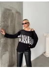 Kadın Kadife Kumaş Zebra Desenli Omuz Detay Uzun Kollu Bluz