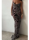Kadın Kadın Ip Askılı Dökümlü Yaka Zebra Desen Maxi Boy Elbise