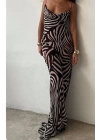 Kadın Kadın Ip Askılı Dökümlü Yaka Zebra Desen Maxi Boy Elbise