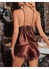 Kadın Kahverengi Askılı Dantel saten Üst Pijama Takımı 2228