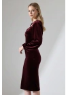 Kadın Kalp Yaka Balon Kol Kadife Midi Elbise