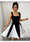 Kadın Kare Yaka çift Renk çan Etek Detay Mini Elbise