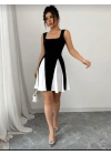 Kadın Kare Yaka çift Renk çan Etek Detay Mini Elbise