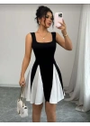 Kadın Kare Yaka çift Renk çan Etek Detay Mini Elbise