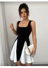 Kadın Kare Yaka çift Renk çan Etek Detay Mini Elbise